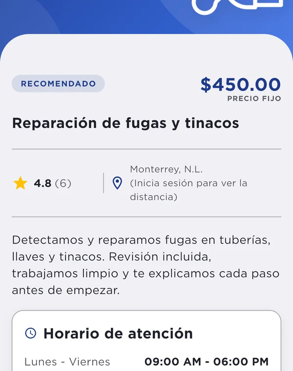 Ficha de un servicio con precio, calificación, descripción y horario