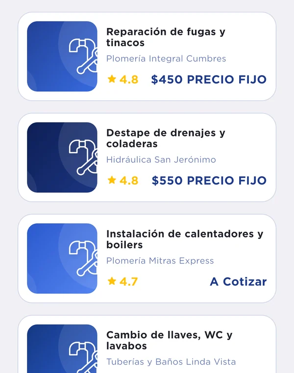 Lista de proveedores de plomería con calificación y precio