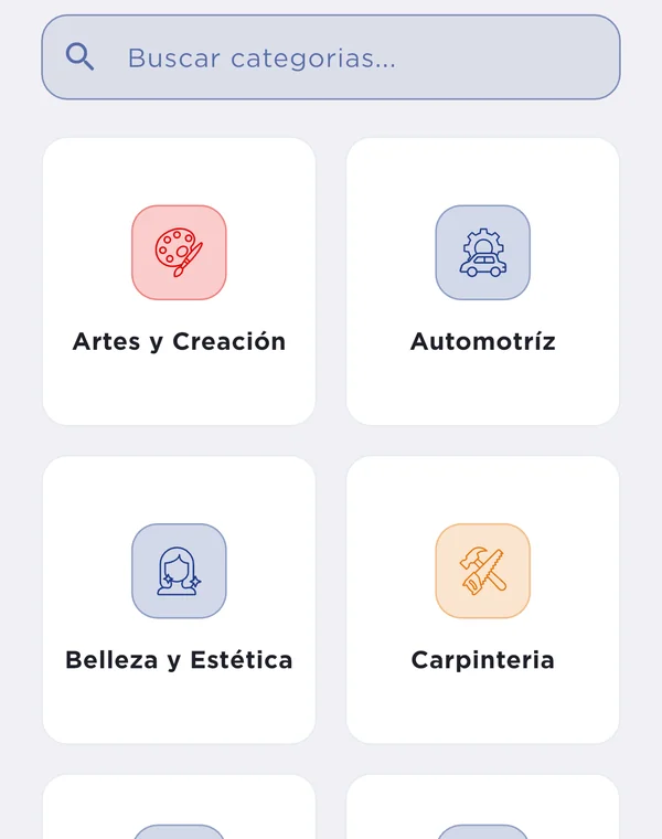 Pantalla Explorar con las categorías de servicios