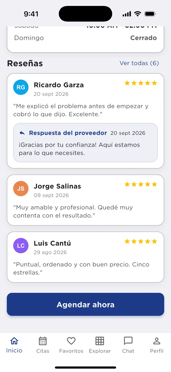 Reseñas de clientes con calificación y respuesta del proveedor